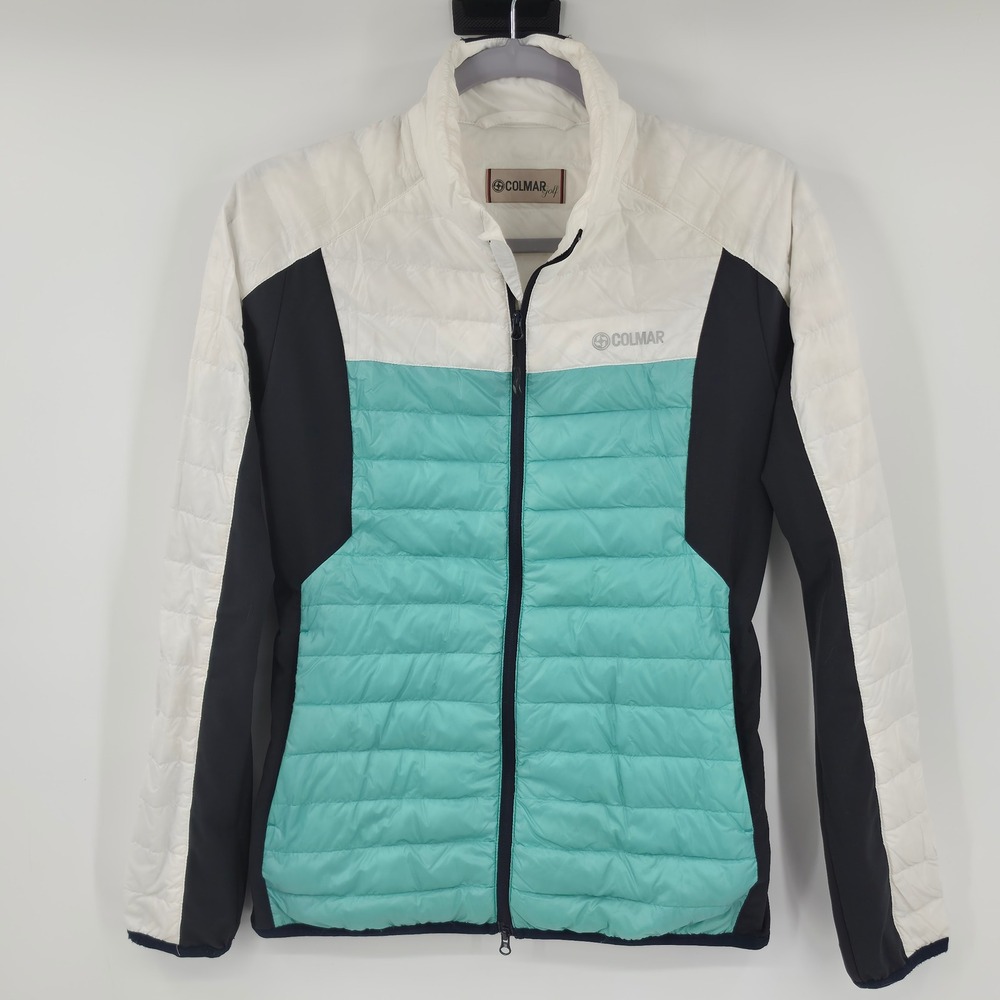 Colmar Golf Womens 4 Puffer Jacket White Teal Navy Blue Quilted Full Zip Size 40